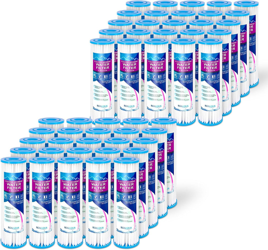 Pleated Sediment Water Filter Cartridge 9.87'x 2.5' Amplified Surface Area, Removes Sand, Dirt, Rust, Extended Filter Life WELL-MATCHED with WHKF-WHPL, 801-50, WB-50W, WFPFC3002, SPC-25-1050 (50 Pack)