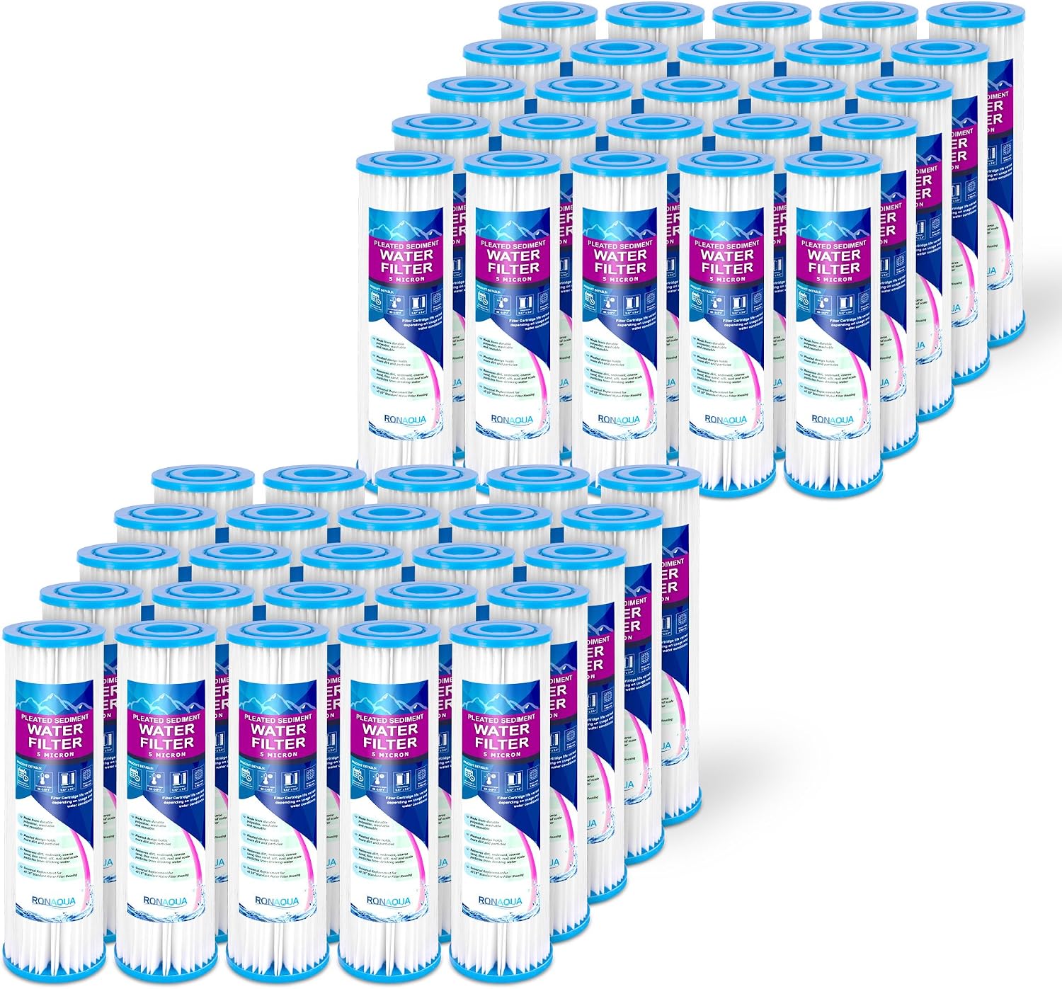 Pleated Sediment Water Filter Cartridge 9.87'x 2.5' Amplified Surface Area, Removes Sand, Dirt, Rust, Extended Filter Life WELL-MATCHED with WHKF-WHPL, 801-50, WB-50W, WFPFC3002, SPC-25-1050 (50 Pack)