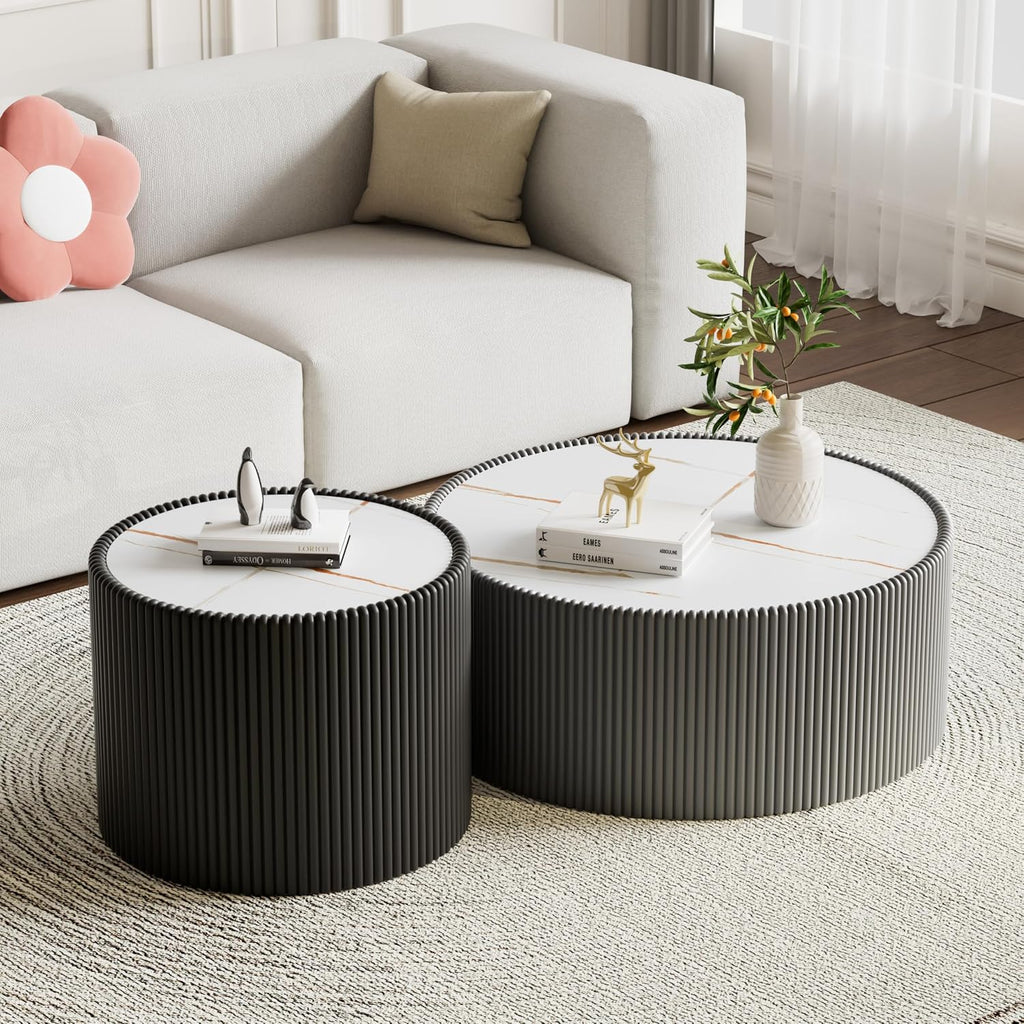 Modern Round Coffee Table Set of 2 Luxury Sintered Stone Top Coffee End Table in Grey/Black Leatherette Drum-Shape Small Coffee Side End Tables for Living Room,Fully Assembled