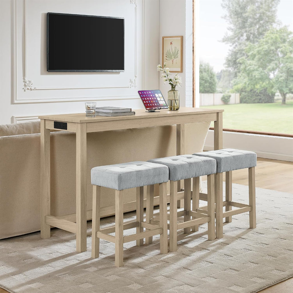 Merax 59 inch Bar Table Set with Power Outlet & Charging Hub, Industrial Solid Wood High Top Table with 3 Linen Upholstered Stools for Kitchen, Living Room, Dining Room,Light Oak+Linen Grey