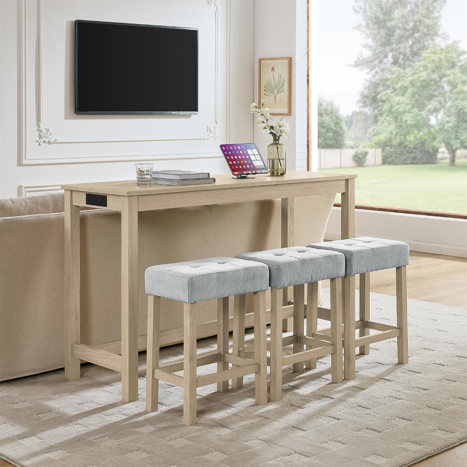 Merax 59 inch Bar Table Set with Power Outlet & Charging Hub, Industrial Solid Wood High Top Table with 3 Linen Upholstered Stools for Kitchen, Living Room, Dining Room,Light Oak+Linen Grey