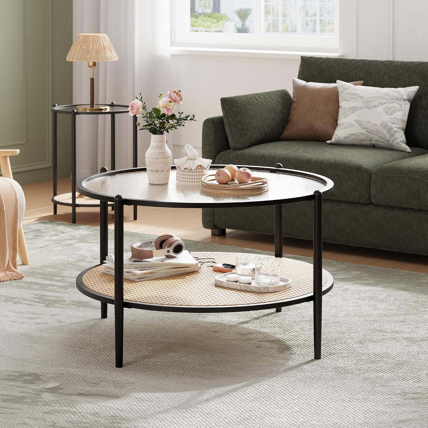 30' Round Rattan Coffee Table, 2-Tier Black Gold Glass Storage Center Table for Living Room, Modern Circle Small Round Coffee Table with Tempered Water-Wave Glass Top & Metal Frame for Bedroom, Office