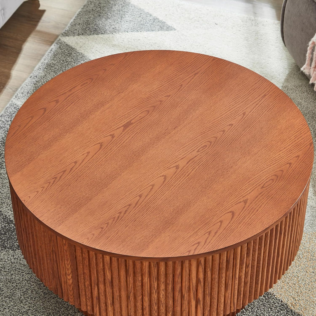 31.49' Wood Round Coffee Table for Living Room, Fluted Circle Coffee Table with Storage, Modern Handcraft Coffee Table for Apartment, Easy Assembly(Espresso, 31.49'x31.49'x15.74')