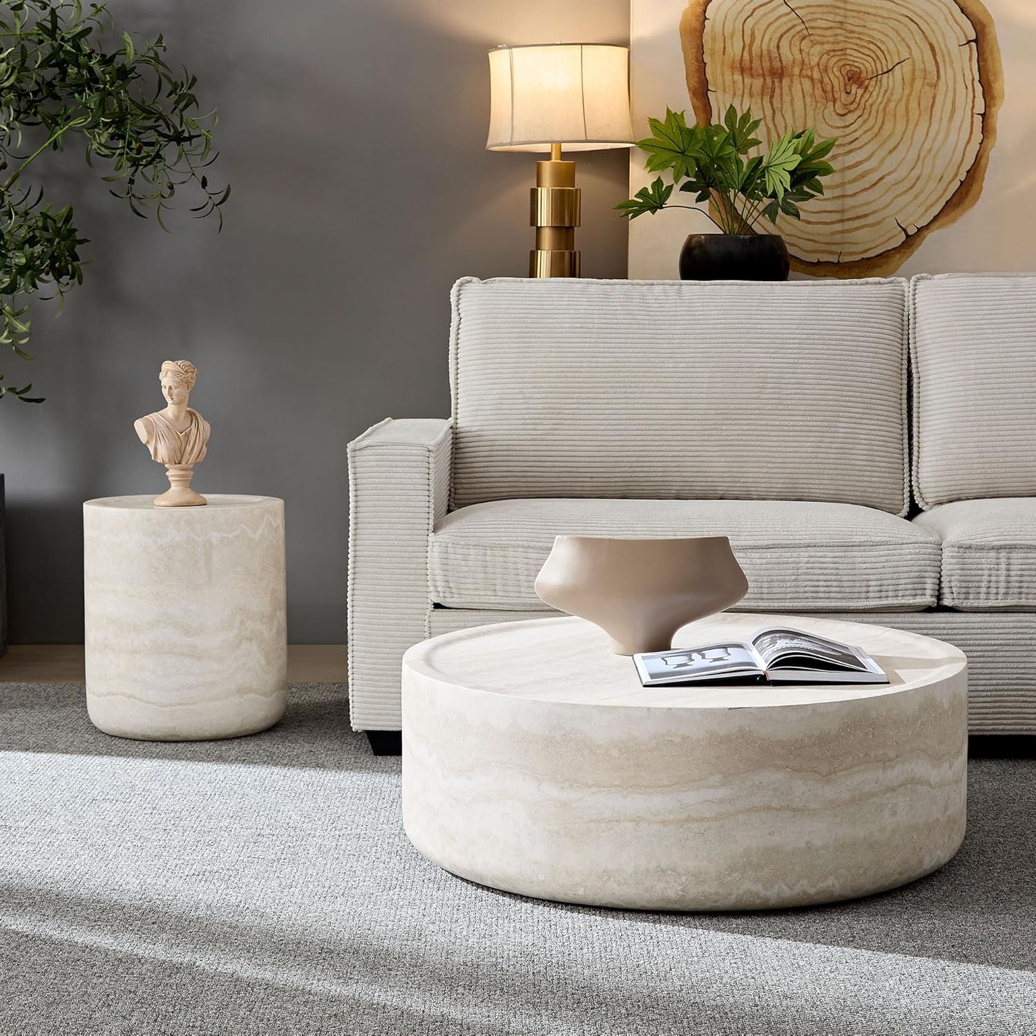 WILLIAMSPACE 35.43'' Round Coffee Table in Faux Marble, Modern Circle Fiberglass Drum Stone Center Table Side Table Tea Table for Living Room, No Need Assembly (Mars Pattern)