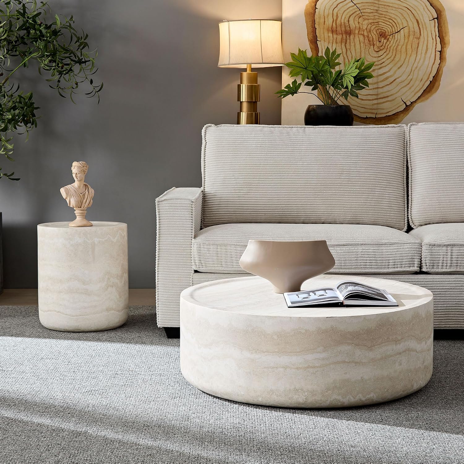 WILLIAMSPACE 39.37'' Round Coffee Table in Faux Marble, Modern Circle Fiberglass Drum Stone Center Table Side Table Tea Table for Living Room, No Need Assembly (Mars Pattern)