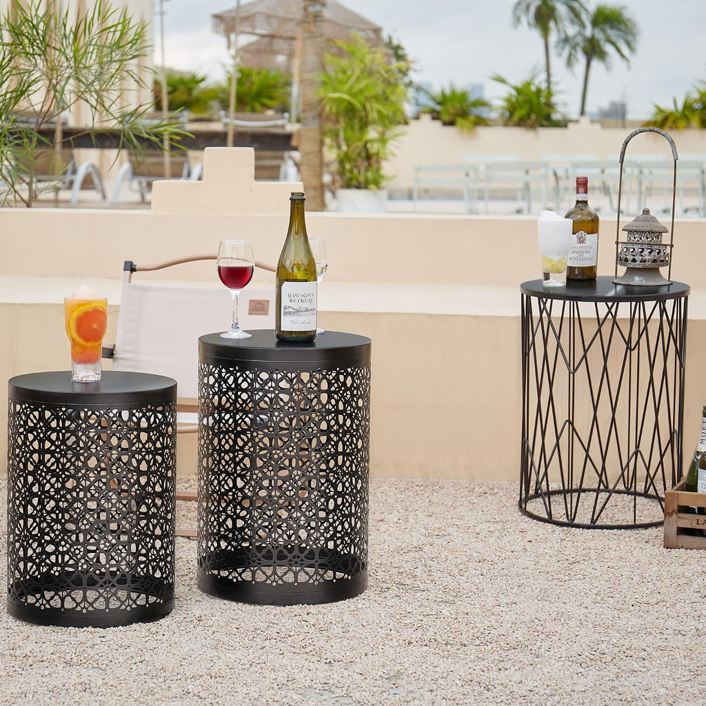 HFHOME Set of 3 Heavy-Duty Round End Table, Side Table, Coffee Table for Indoor Multifunctional Use, Outdoor Decorative Garden Stool Plant Stand-Black