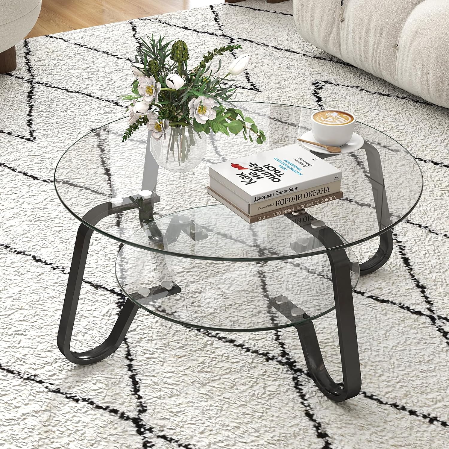 Rovibek Round Glass Coffee Table, 31.5 Modern Glass Coffee Tables with Storage and Metal Frame, 2-Tier Tempered Glass Top Small Center Table for Living Room, Easy Assembly, Black