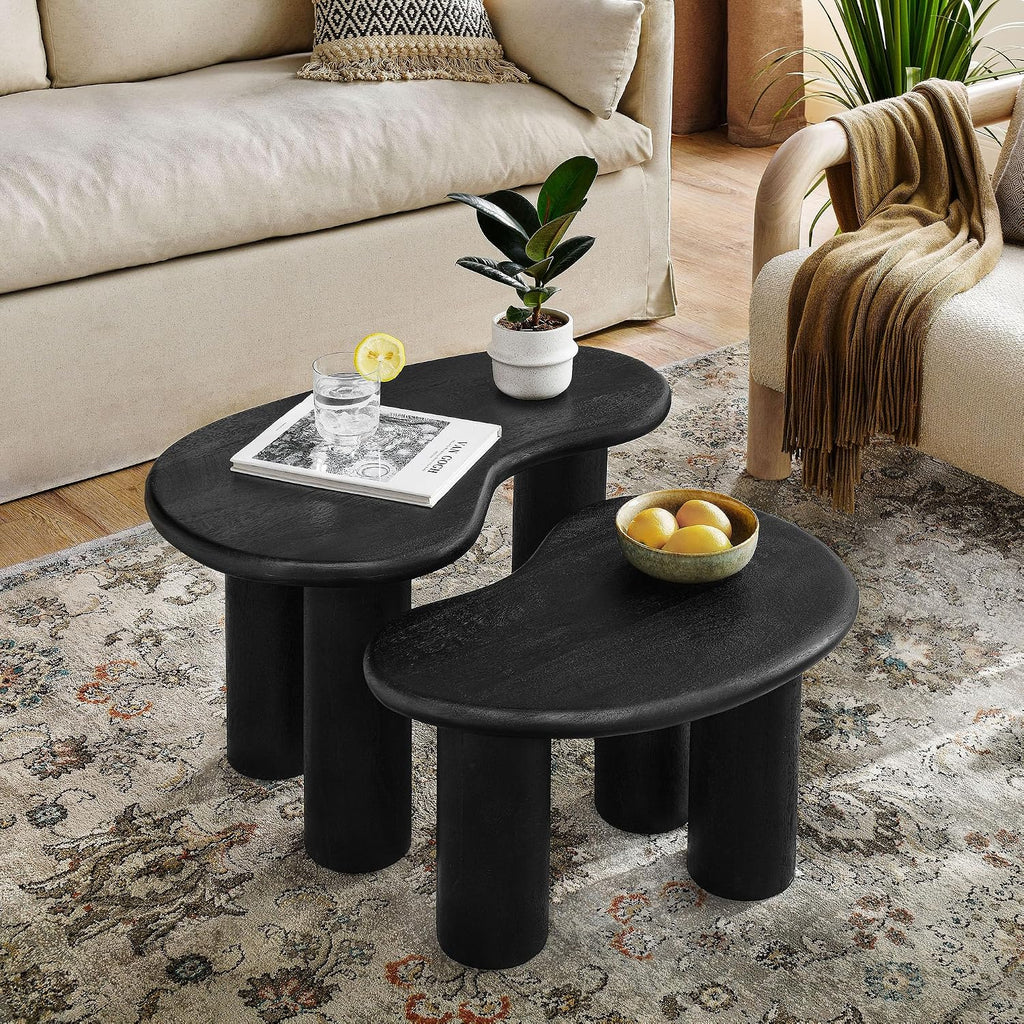 Modway Hackney Mango Wood Nesting Coffee Table Set in Black - 2 Piece Kidney-Shaped Wood Coffee Table for Living Room