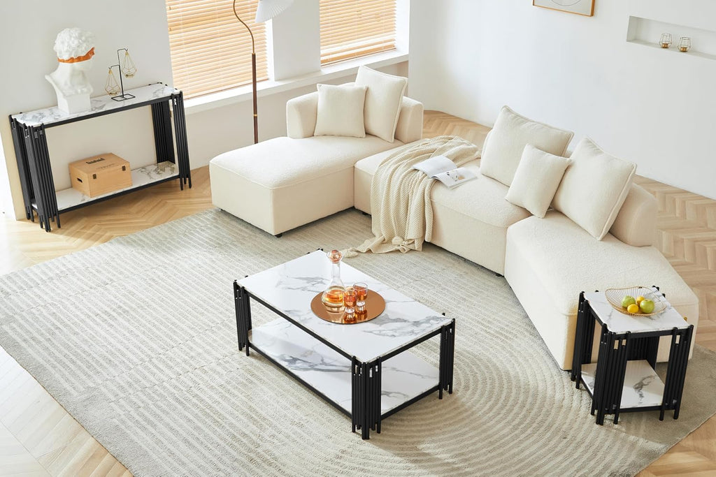 Faux Marble Coffee Table Set of 2, Modern 2 Tier Coffee Table End Table Set with Black Metal Frame and Storage Shelf, 2 Piece Marble Living Room Table Set for Apartment Home Office