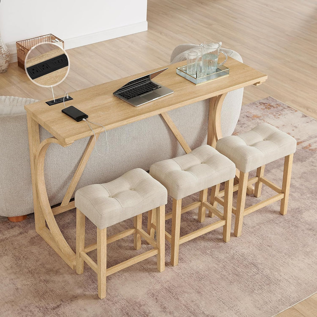 Merax 59 Inch Industrial Bar Table Set with Power Outlet, 3 Linen Upholstered Stools, Counter Height Table Set with 24 Inch Seat Height Stools for Kitchen, Living Room,Light Oak+Beige