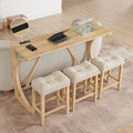 Merax 59 Inch Industrial Bar Table Set with Power Outlet, 3 Linen Upholstered Stools, Counter Height Table Set with 24 Inch Seat Height Stools for Kitchen, Living Room,Light Oak+Beige