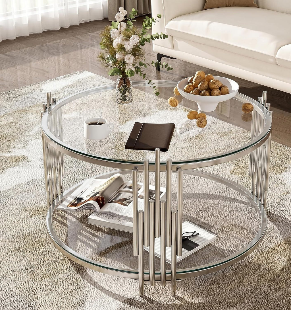 Round Glass Coffee Table with Storage, Luxury 2-Tier Living Room Center Table w/Silver Stainless Steel Frame, Modern 31.5' Circle Glass Coffee Cocktail Tea Table for Home Office