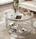Round Glass Coffee Table with Storage, Luxury 2-Tier Living Room Center Table w/Silver Stainless Steel Frame, Modern 31.5' Circle Glass Coffee Cocktail Tea Table for Home Office