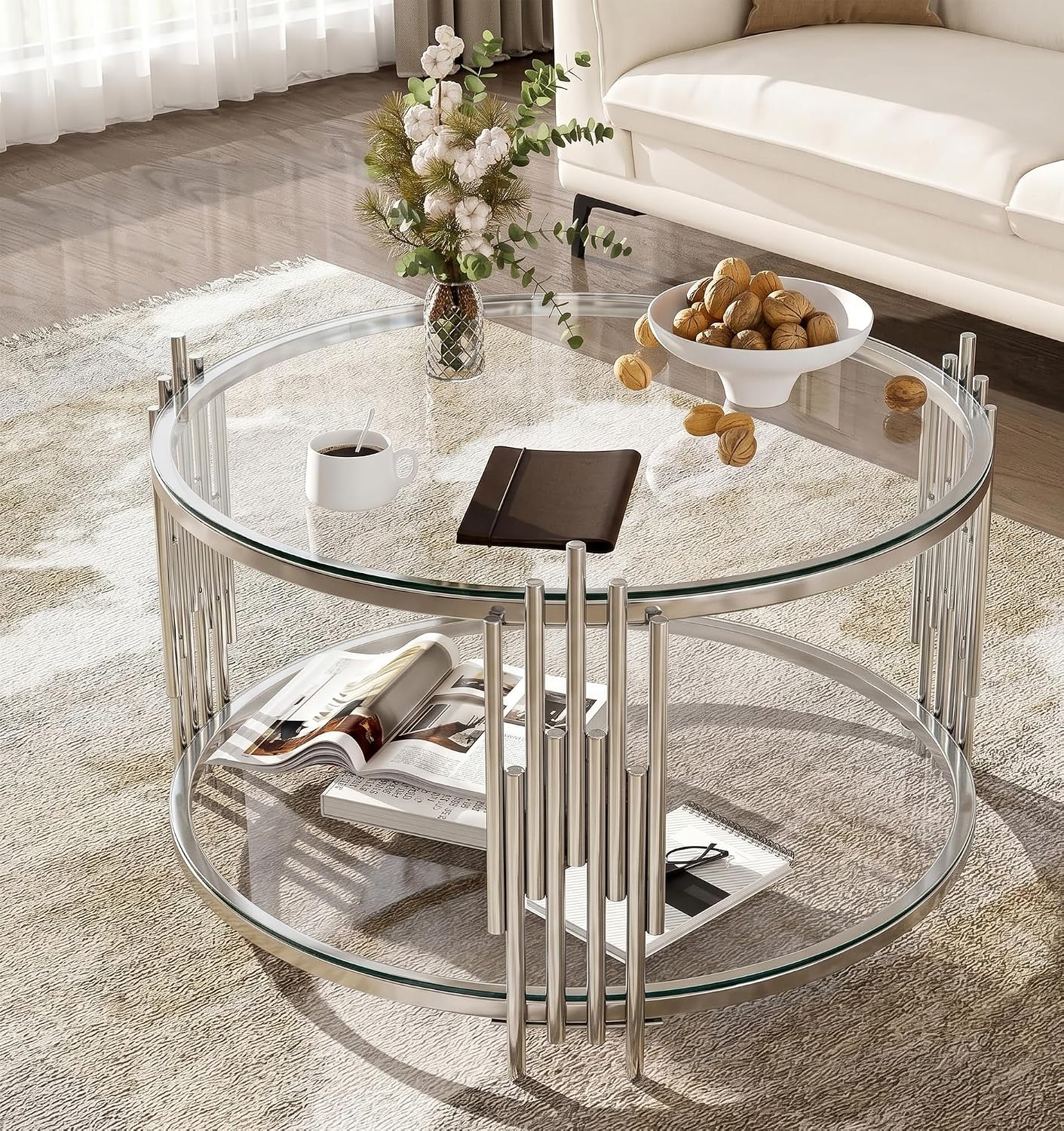 Round Coffee Table Set of 3 Modern Circle Glass Coffee and 2 End Table Sets with Stainless Steel Frame 3 Pieces Living Room Center Table Sofa Side Table for Home Office