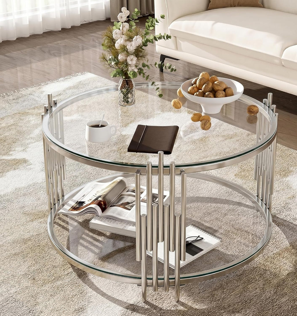 Round Coffee Table Set of 2 Modern Circle Glass Coffee and End Table Sets with Stainless Steel Frame 2 Pieces Living Room Center Table Sofa Side Table for Home Office