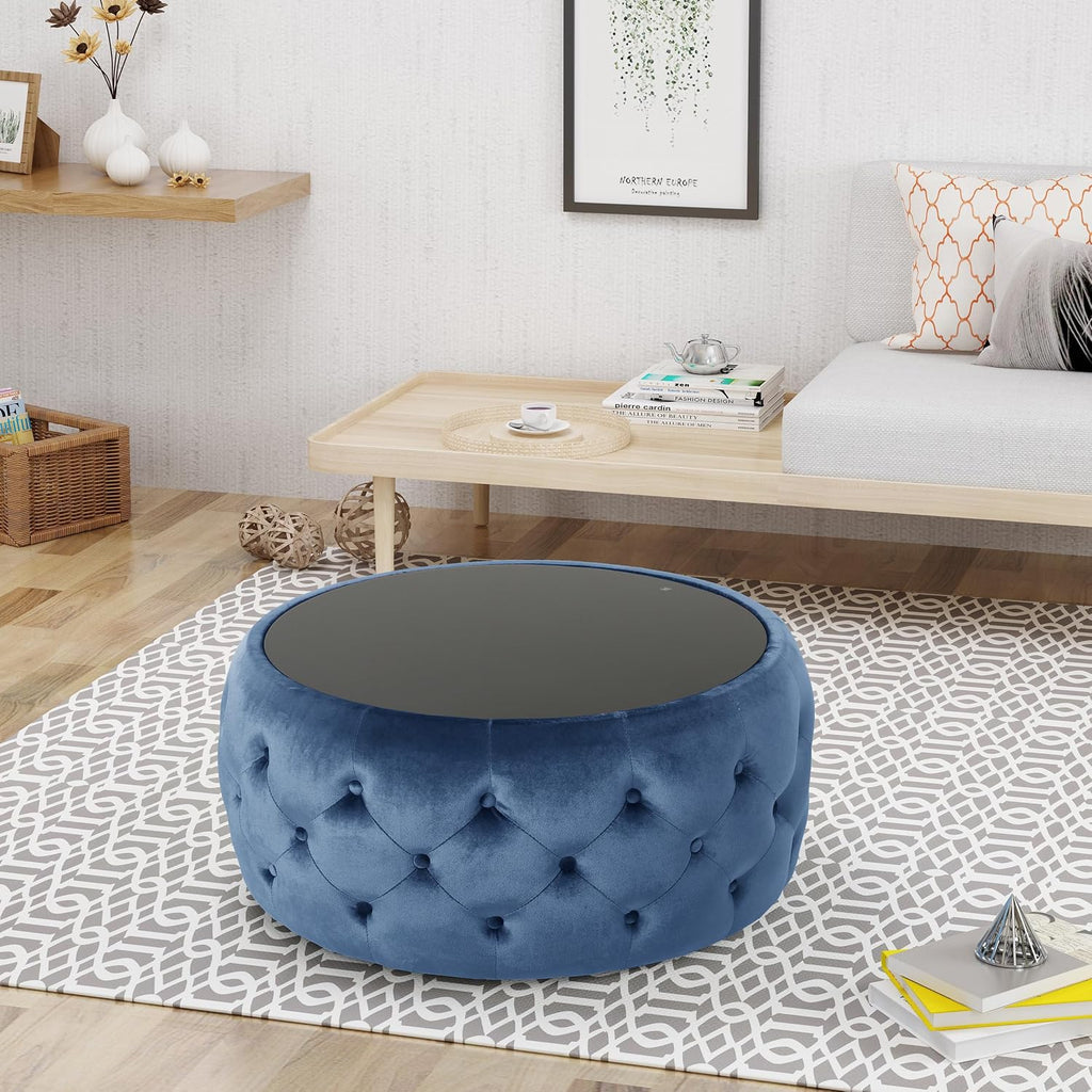 30' Round Velvet Ottoman Coffee Table, Button Tufted Coffee Table with Tempered Glass Top Modern Upholstered Tufted Velvet Cocktail Center Table for Living Room, Fully Assembled (Dark Blue)