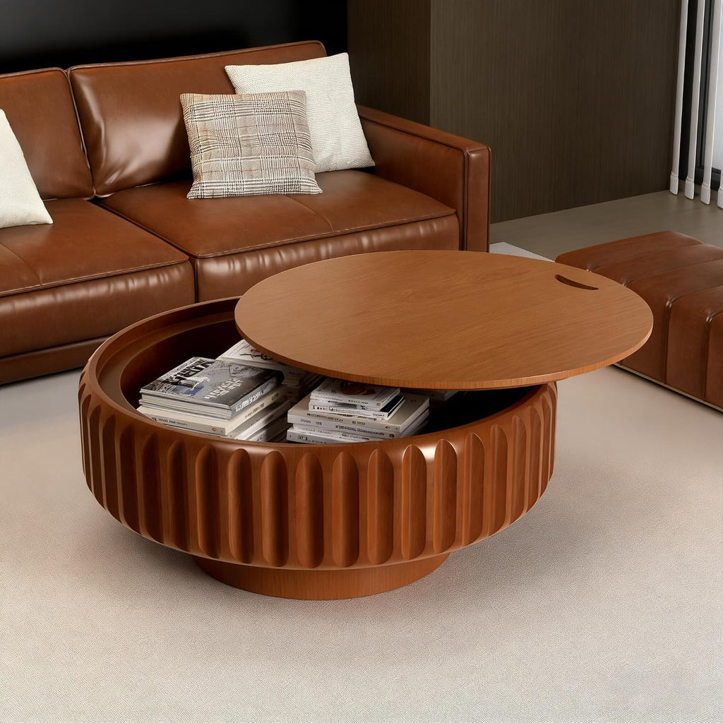 Round Wood Fluted Coffee Table with Storage, 31' Round Fluted Coffee Table with Flip-Top Lid Mid Century Modern Low Circle Drum Coffee Tables for Living Room (Brown, 31 inch)