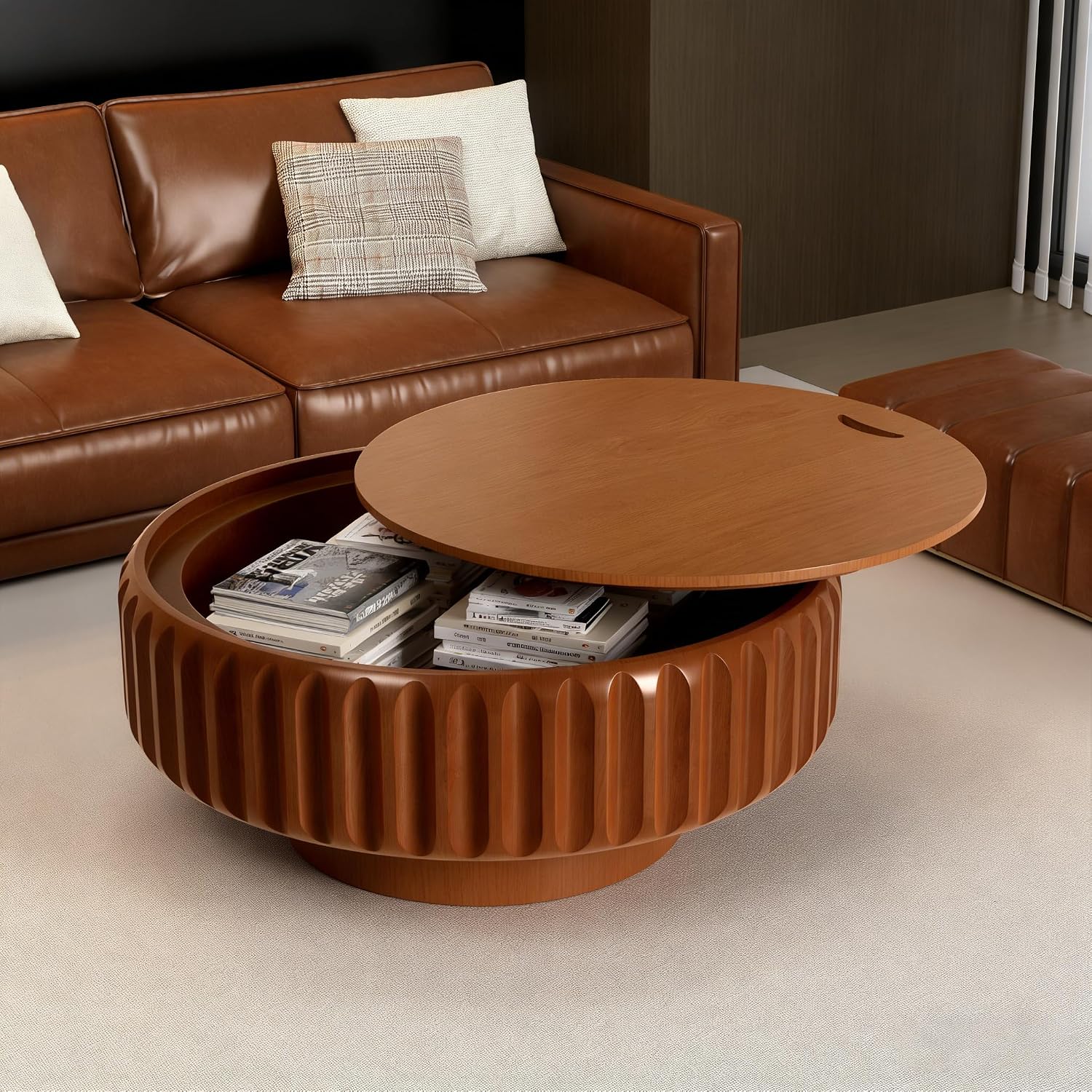 Round Wood Fluted Coffee Table with Storage, 31' Round Fluted Coffee Table with Flip-Top Lid Mid Century Modern Low Circle Drum Coffee Tables for Living Room (Brown, 31 inch)