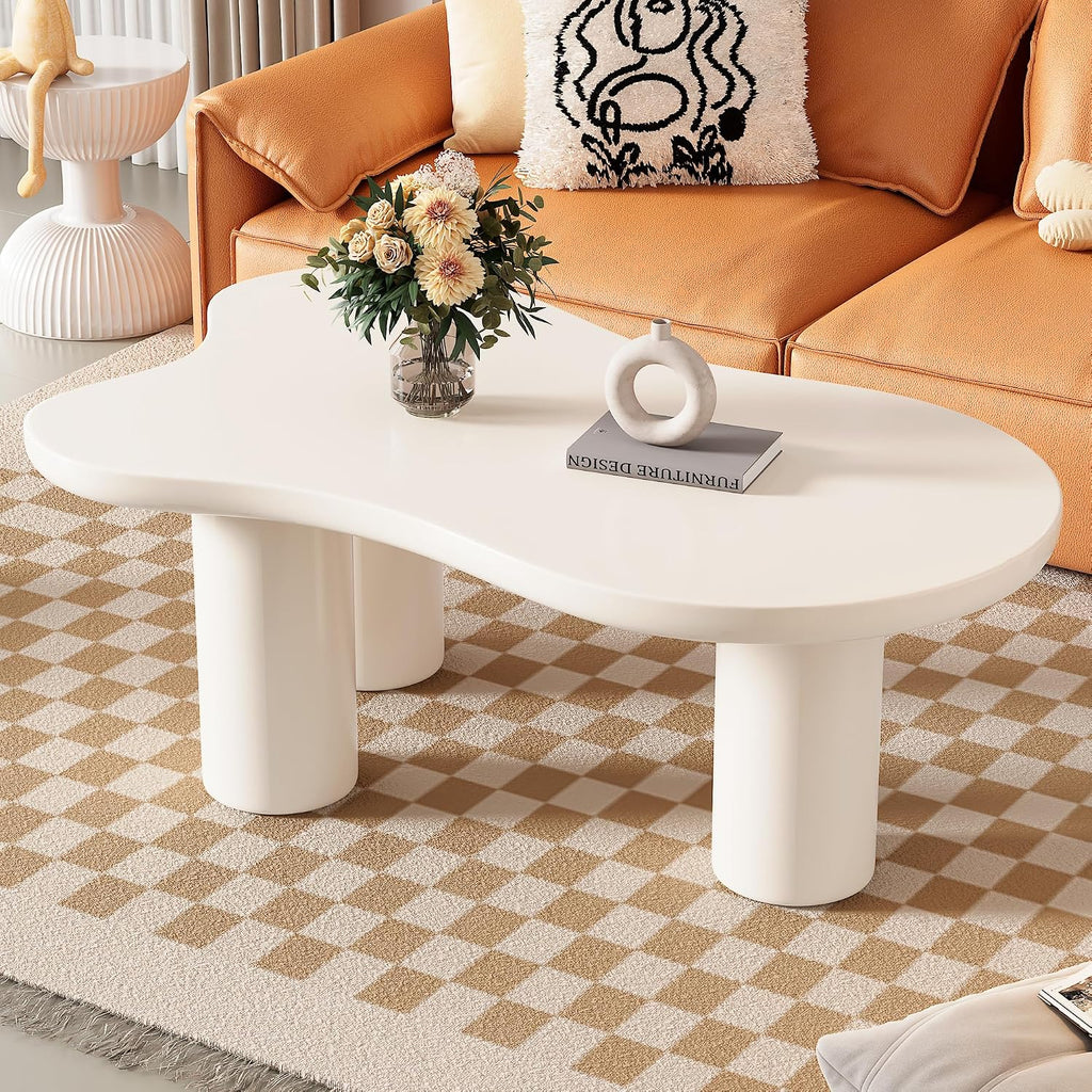 Merax 44' W Irregular Cloud Style White Coffee Table with 1.5' Thickness Tabletop, Wooden End Table Center Table with Round Edge and 3 Sturdy Legs for Living Room or Bedroom