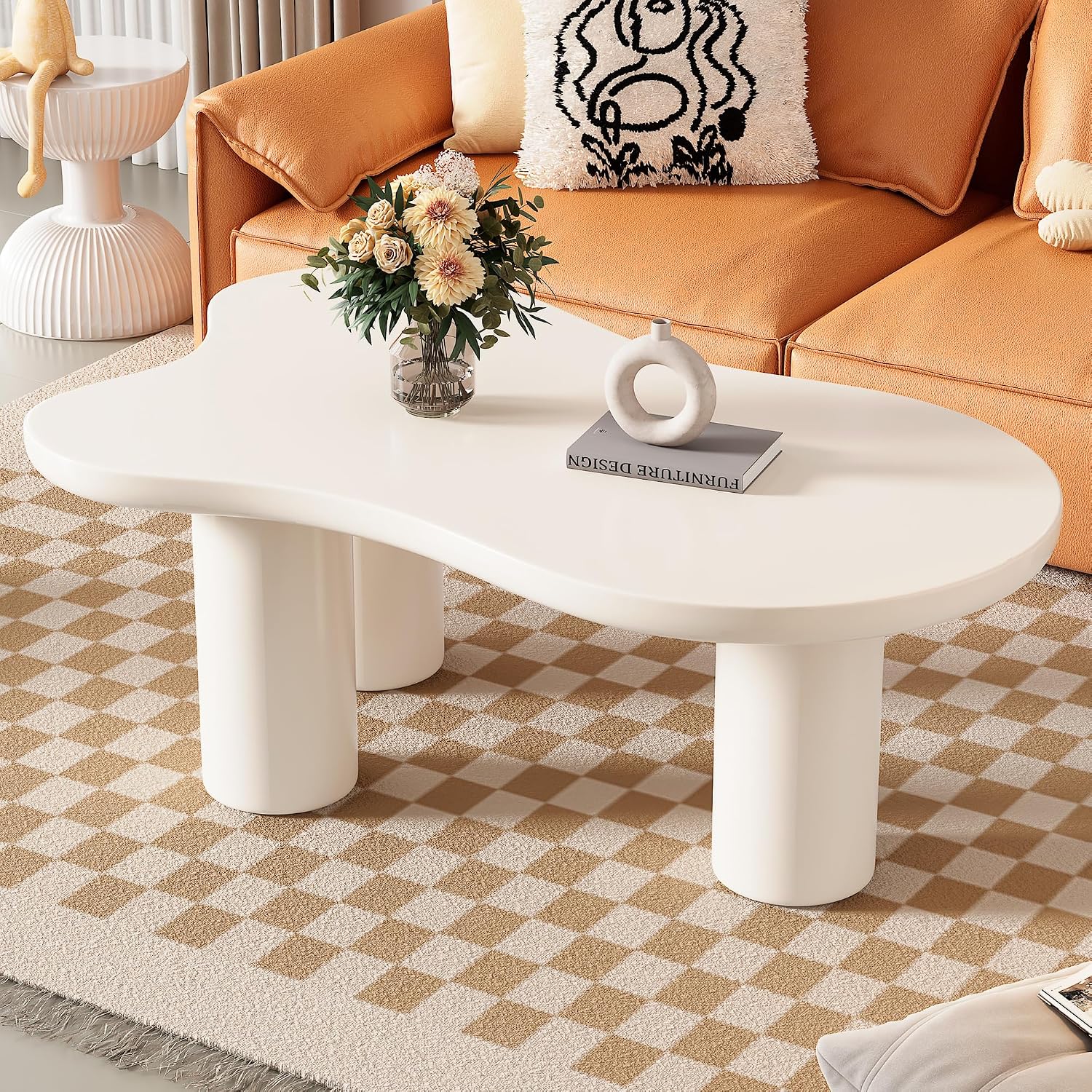 Merax 44' W Irregular Cloud Style White Coffee Table with 1.5' Thickness Tabletop, Wooden End Table Center Table with Round Edge and 3 Sturdy Legs for Living Room or Bedroom