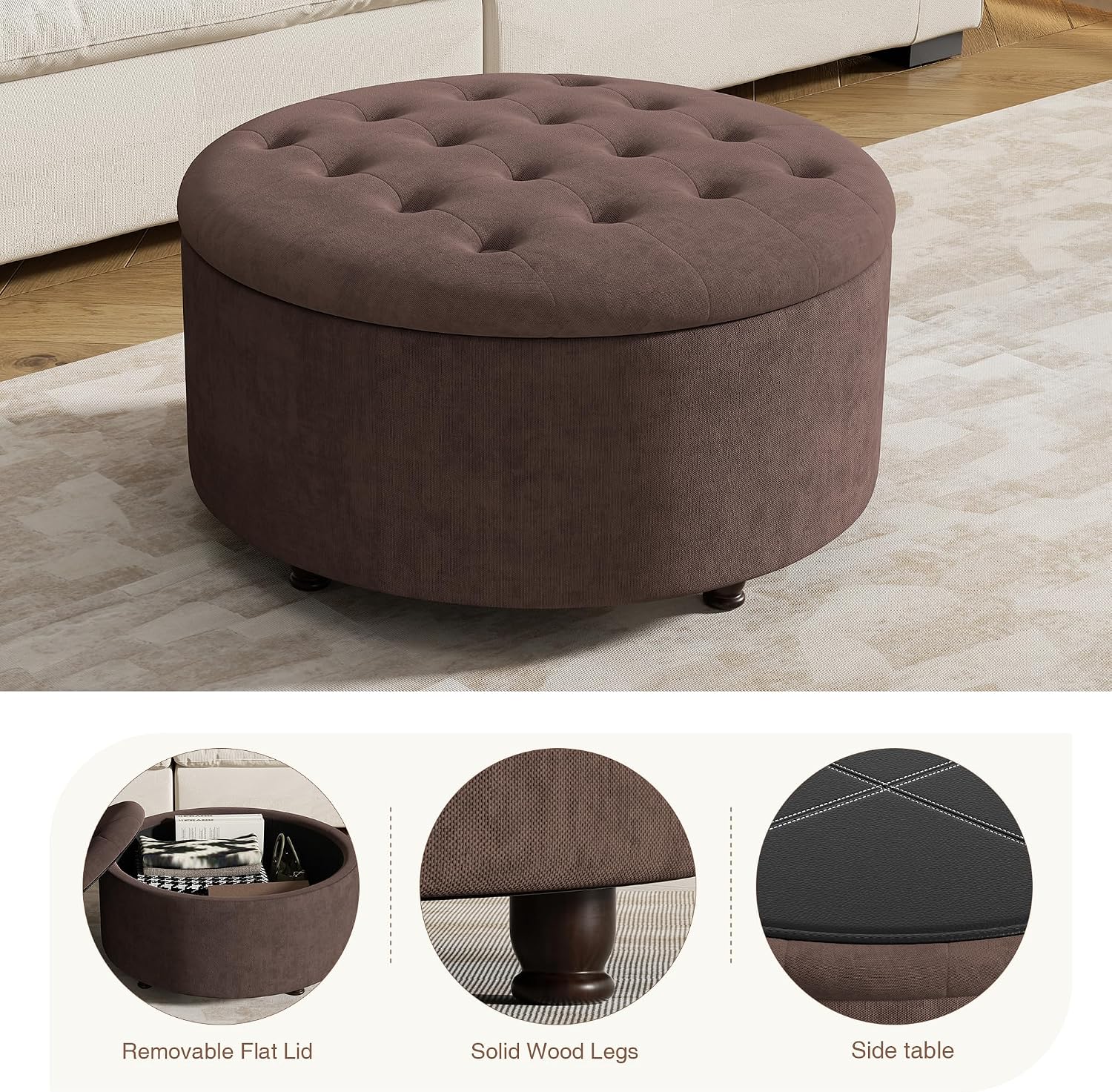 30 Inch Round Storage Ottoman,Modern Tufted Ottomans,Upholstered Large Ottoman with Storage with Removable Top Footrest Stool for Bedroom Living Room (Darkbrown)