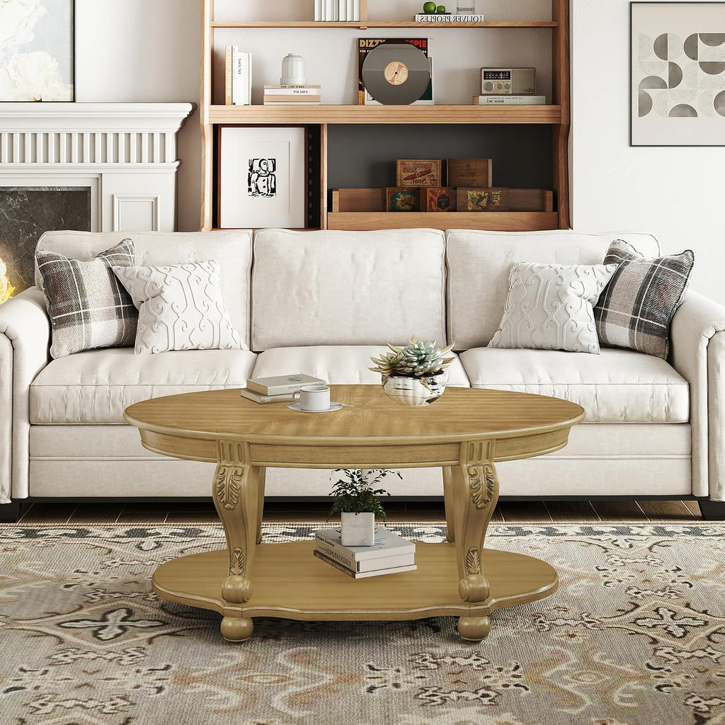 LKTART Round Coffee Table, 42' Oval Coffee Table with Storage, Victorian Center Table with Carved Legs, 2-Tier Cocktail Table for Living Room, Antique Natural