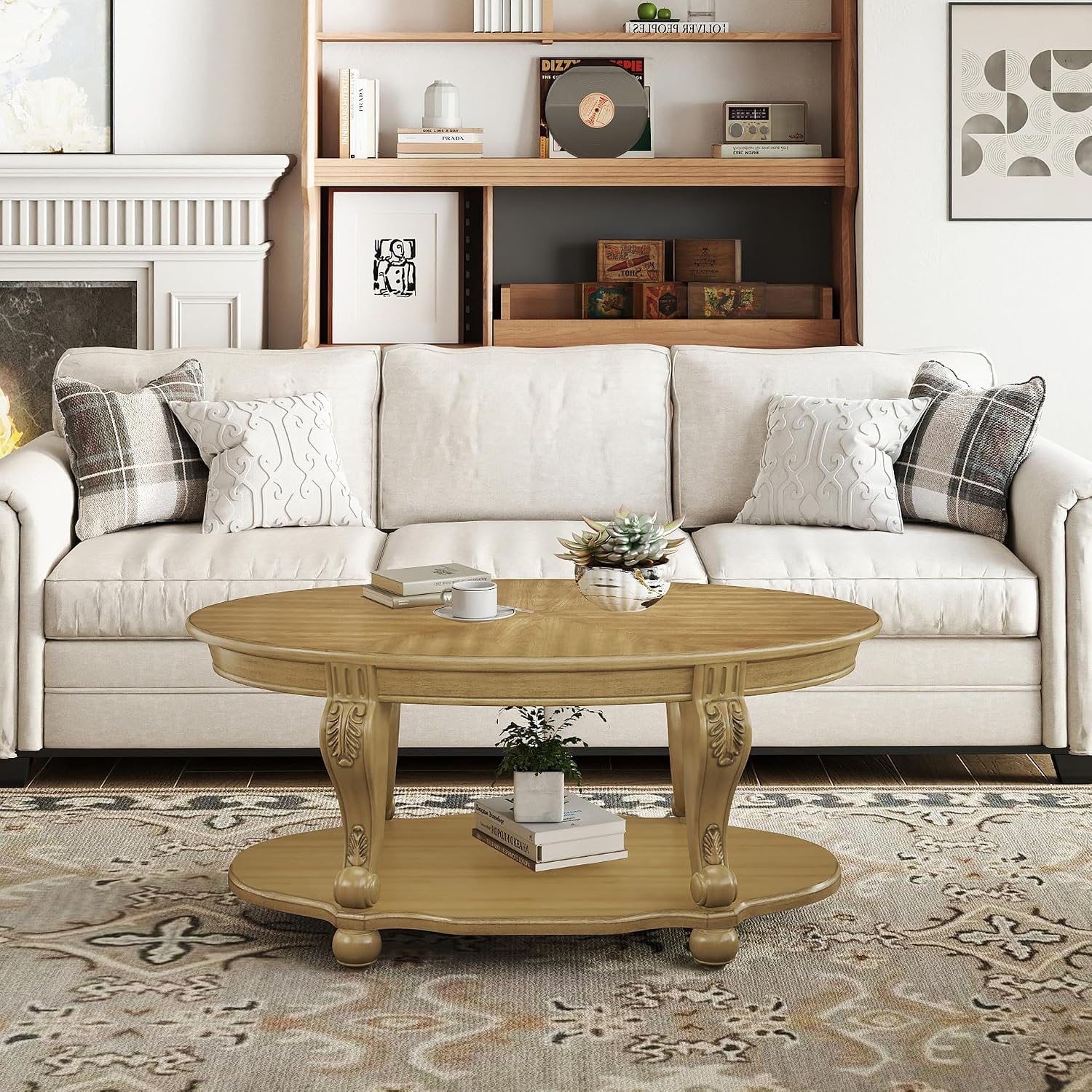 LKTART Round Coffee Table, 42' Oval Coffee Table with Storage, Victorian Center Table with Carved Legs, 2-Tier Cocktail Table for Living Room, Antique Natural