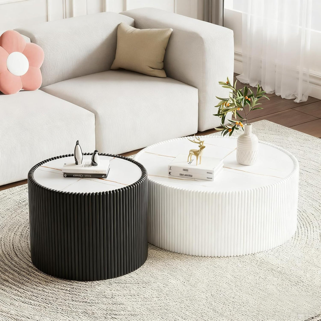 Modern Round Coffee Table Set of 2 Luxury Sintered Stone Top Coffee End Table in White/Black Leatherette Drum-Shape Small Coffee Side End Tables for Living Room,Fully Assembled