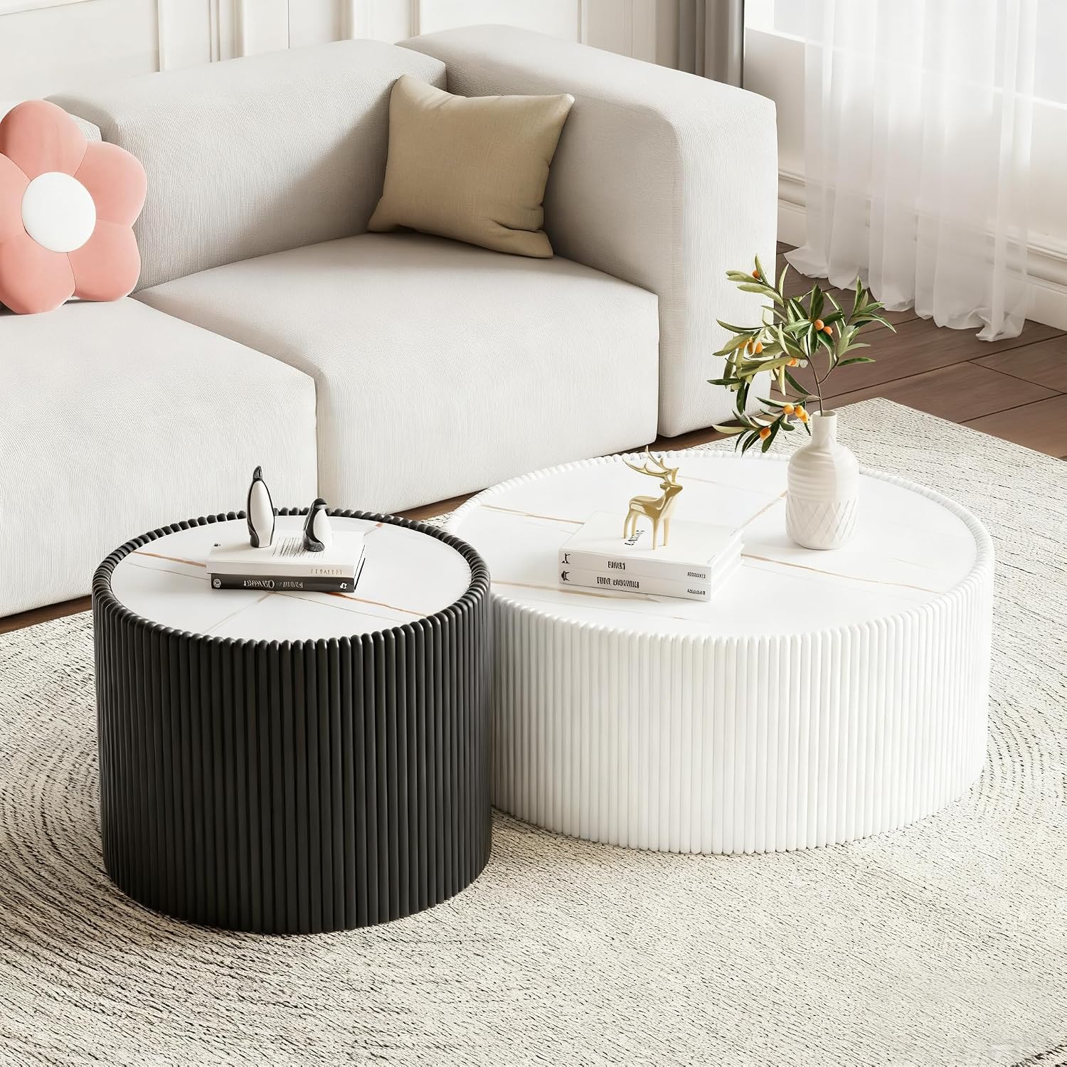 Modern Round Coffee Table Set of 2 Luxury Sintered Stone Top Coffee End Table in White/Black Leatherette Drum-Shape Small Coffee Side End Tables for Living Room,Fully Assembled