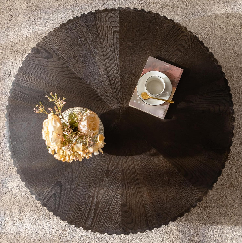 35.4'' Round Coffee Table Wood Modern Coffee Table for Living Room, Easy Assembly, Black Brown