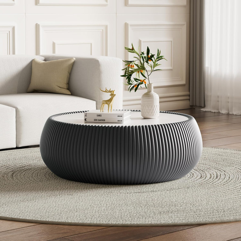 Modern Round Coffee Table Luxury Sintered Stone Top Coffee Table in Grey Leatherette Creative Drum-Shape Cocktail Center Table for Living Room Bedroom,Fully Assembled