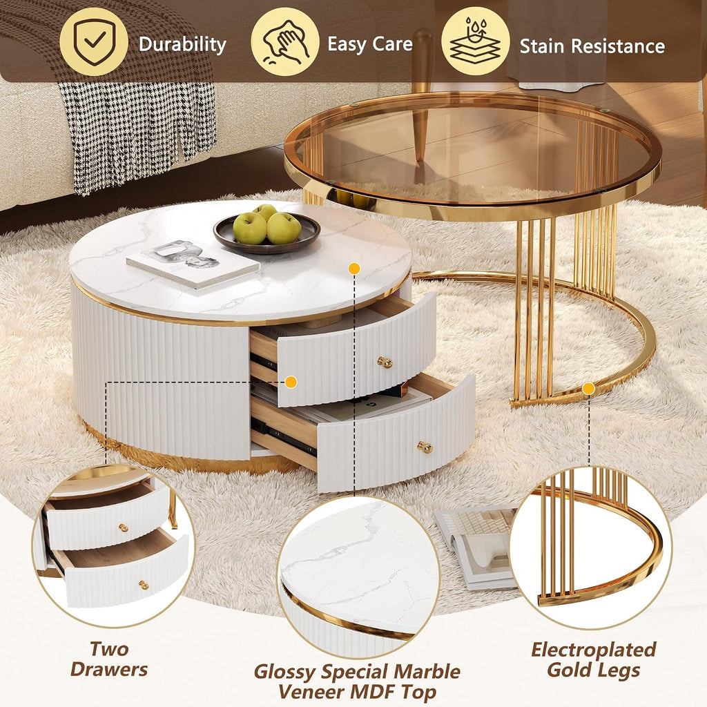 Modern 2 Pieces Round Nesting Coffee Table with Drawers and Brown Tempered Glass Top（27.6'+23.6'