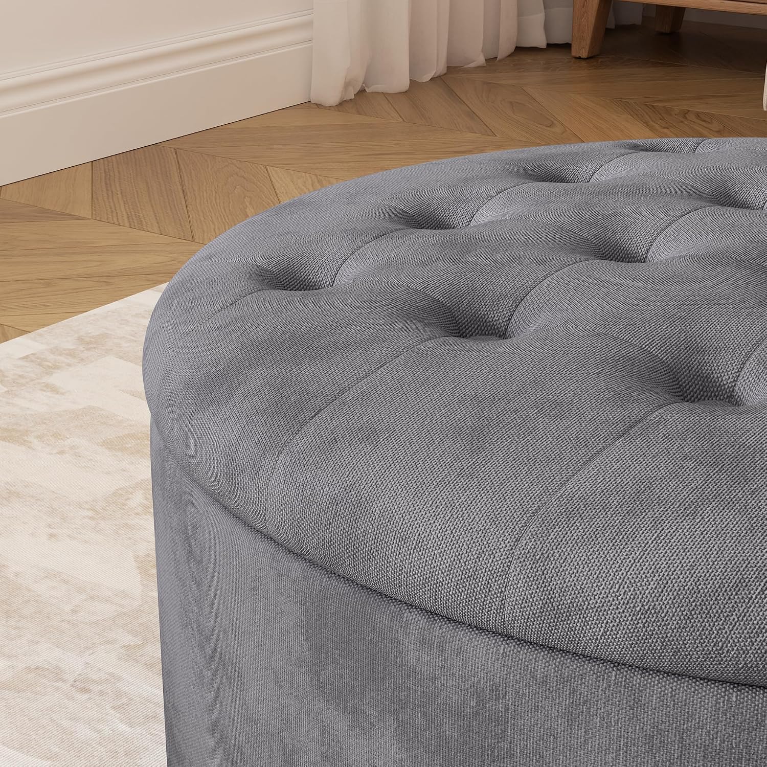 30 Inch Round Storage Ottoman,Modern Tufted Ottomans,Circular Coffee Table with Removable Top,Upholstered Large Ottoman with Storage Footrest Stool for Bedroom Living Room (Grey)