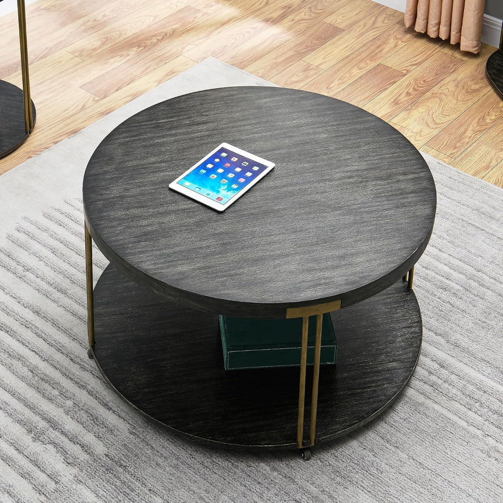 Biaco Modern Industrial Coffee Table Set of 3 - Living Room Furniture Set with Coffee, Side, and Console Tables - Antique Accent, Birch Veneer Texture & Gold Metal Legs, Brushed Black