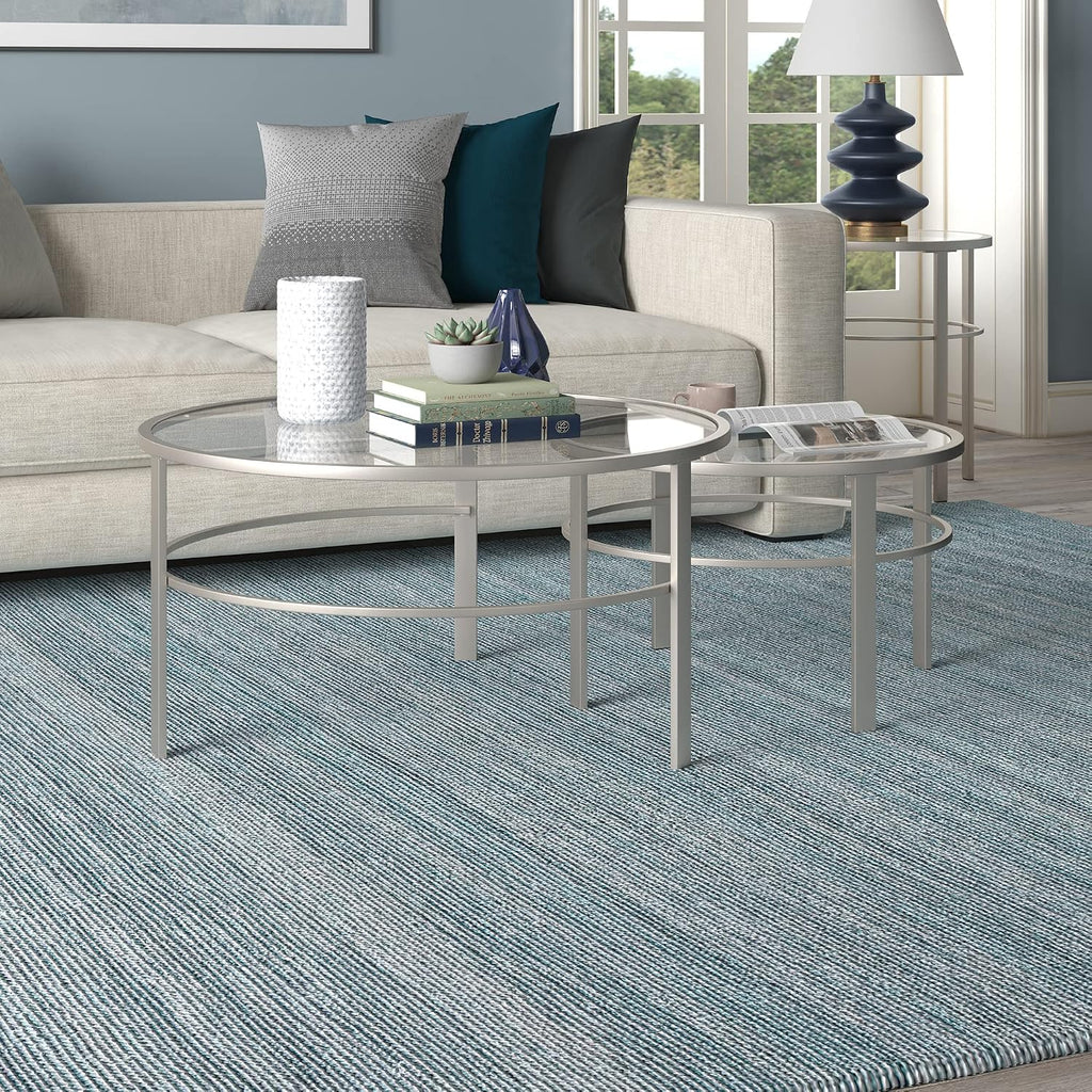 Henn&Hart Round Nested Coffee Table in Satin Nickel, Modern coffee tables for living room, studio apartment essentials, 36' Wide