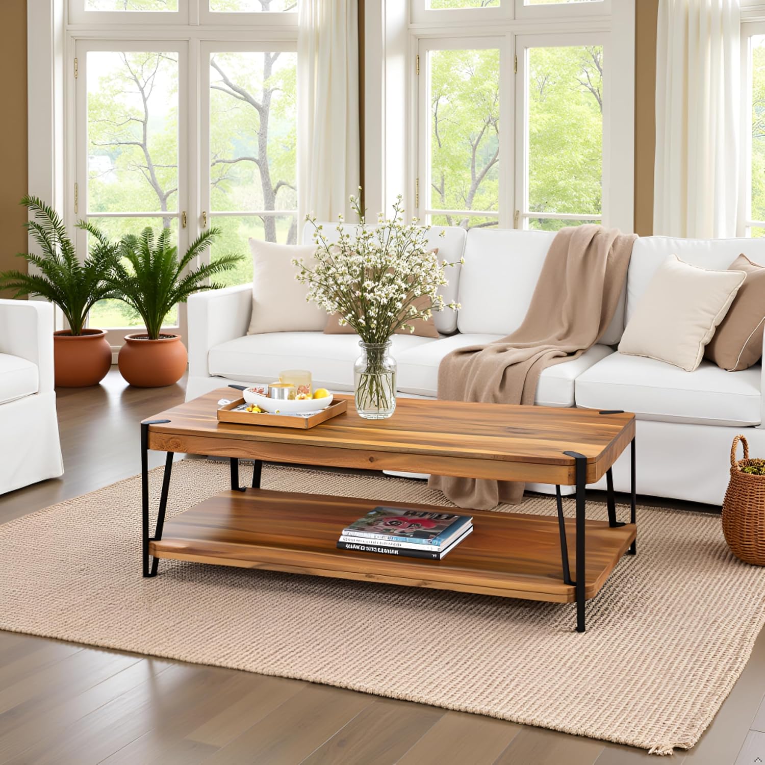 Ryegate Large Coffee Table, 48 Inch Natural Solid Acacia Wood with Unique Live Edge and Metal Frame, Industrial Modern Style, Durable Construction with Clear Natural Finish, Ideal for Living Room
