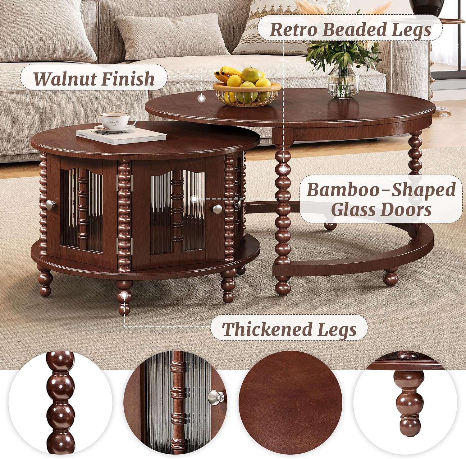31.5' Vintage Round Nesting Coffee Table,Six Bamboo-Shaped Decorative Glass Doors,Retro Beaded Legs,Walnut