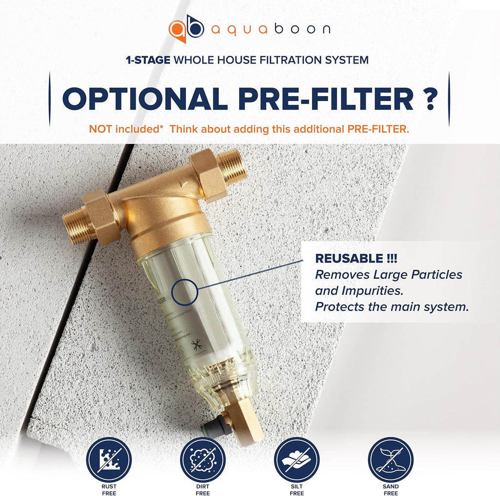 Aquaboon 2-Stage Whole House Water Filter System with 20x4.5 Water Filters Against Sediment & Chlorine | Gauge & Release, Wrench, Bracket Included
