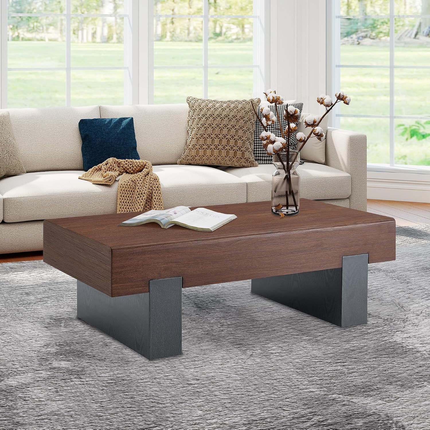 Walnut Wood Coffee Table with Storage Modern Small Coffee Table for Living Room Rectangle Farmhouse Center Table Thick Tabletop