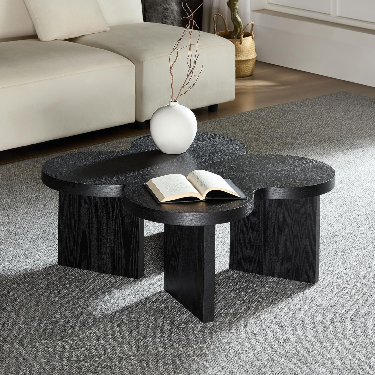 Modern Nesting Coffee Table Set of 2, Natural Wooden Coffee Table for Living Room, Small Center Table End Table Sets with Rustic Wood Grain for Bedroom Office Cafe Black 31.5' W x13.77 H