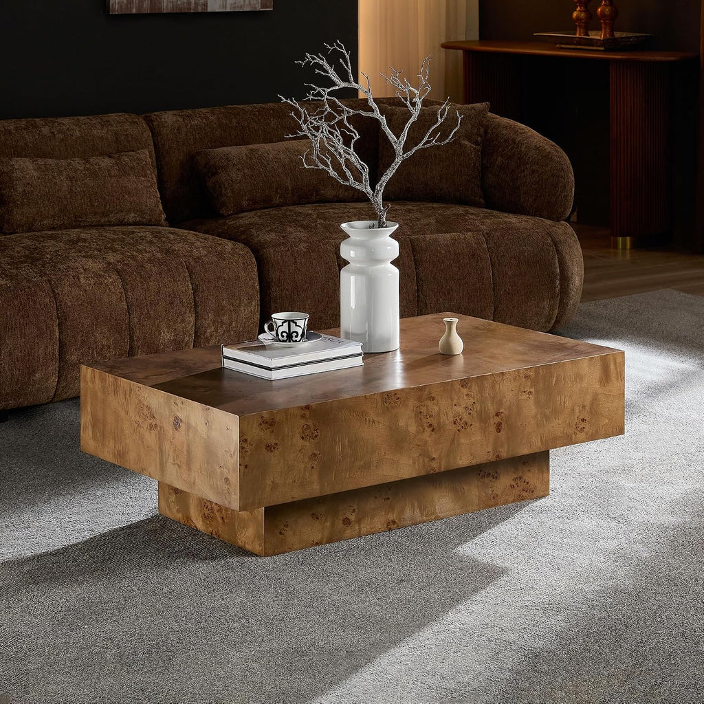 WILLIAMSPACE 43.31' Rectangle Coffee Table with Burl Wood Veneer & Sturdy Base, Modern Luxury Wood Drum Center Table Accent Side End Table for Living Room Apartment, Walnut