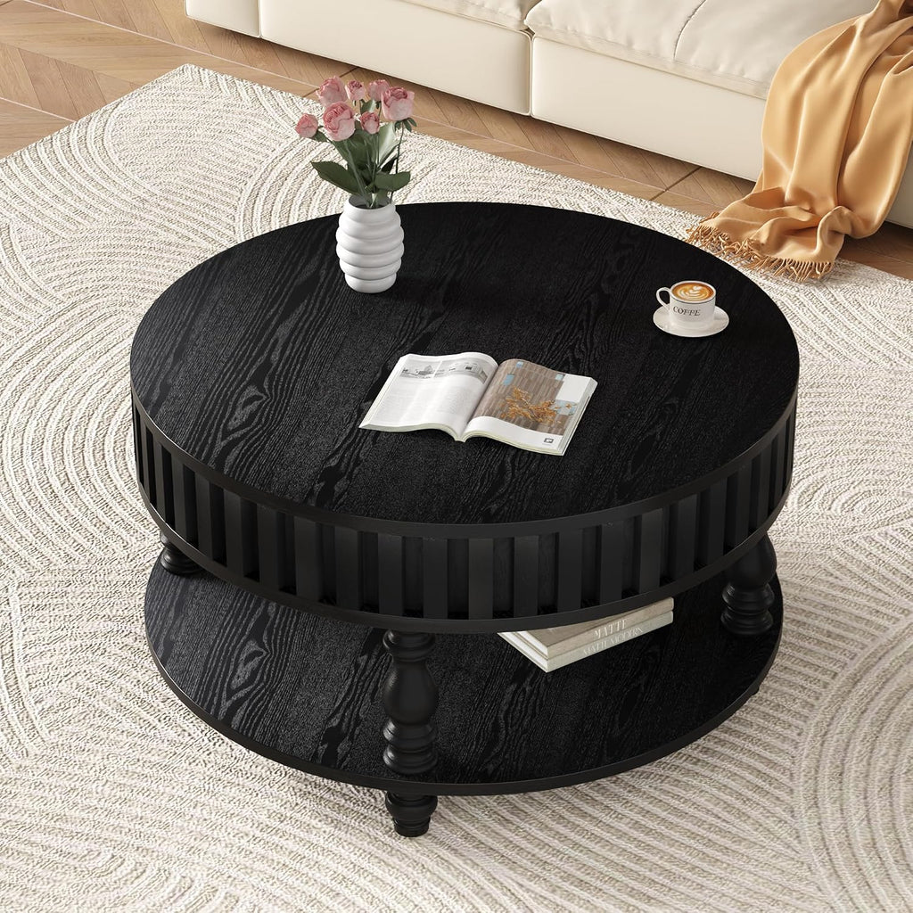31.49'' Round Coffee Table with Storage Space, 2-Tier Modern Rustic Wood Circle Fluted Coffee Table for Living Room, Moveable Table Top & Easy Assembly, Black