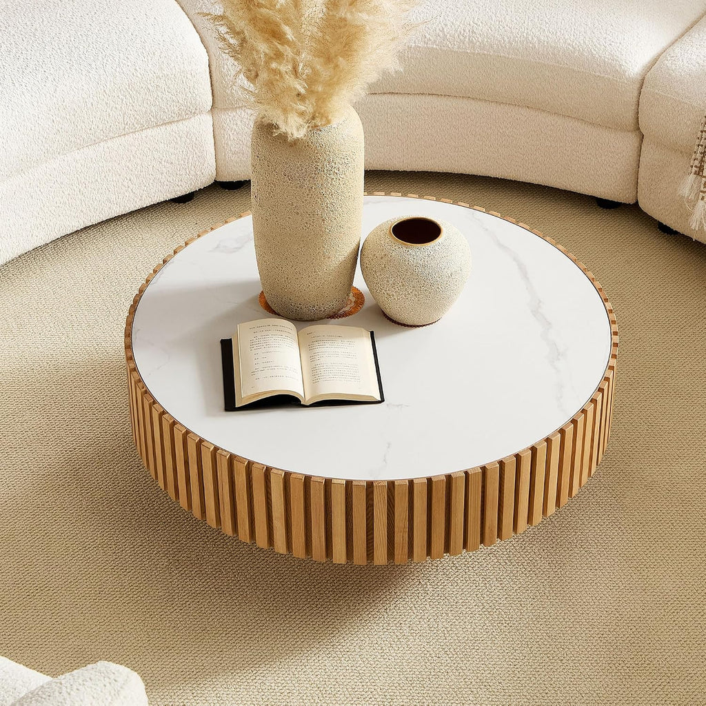 WILLIAMSPACE 35.43' Round Coffee Table with Sintered Stone Tabletop, Modern Farmhouse Wood Circle Drum Center Table for Living Room, Accent Side End Table for Apartment, 13.77' H (Oak+White)