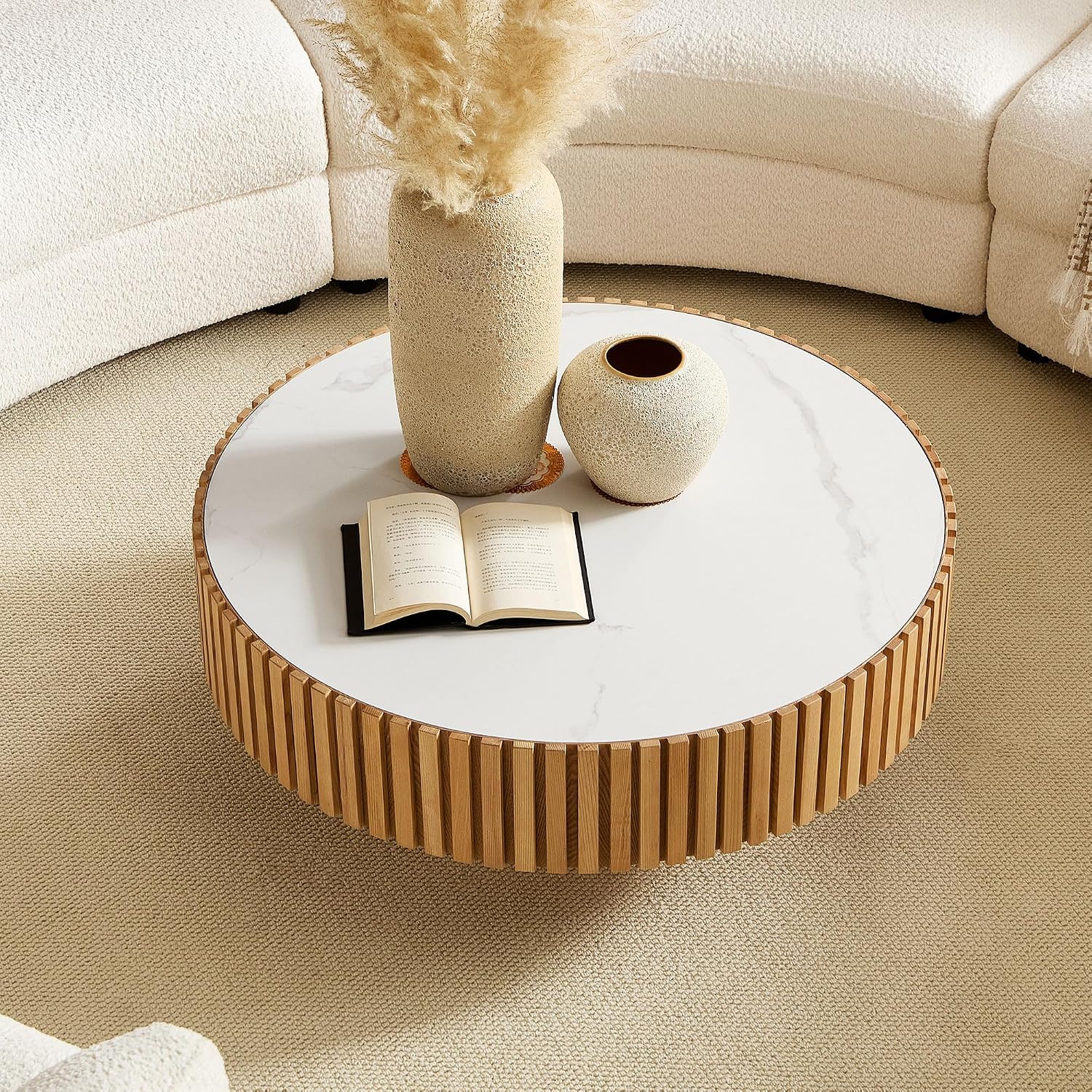 WILLIAMSPACE 35.43' Round Coffee Table with Sintered Stone Tabletop, Modern Farmhouse Wood Circle Drum Center Table for Living Room, Accent Side End Table for Apartment, 13.77' H (Oak+White)