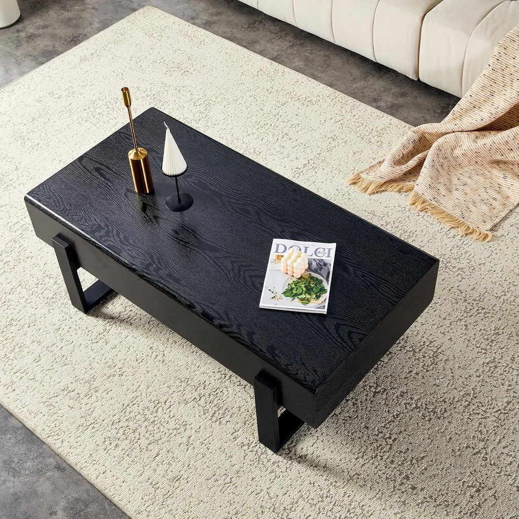 47.24' Rectangle Coffee Table, Wood Coffee Table Center Table with 7.8' Thick Tabletop Metal Legs Rounded Corners for Living Room Office, Black