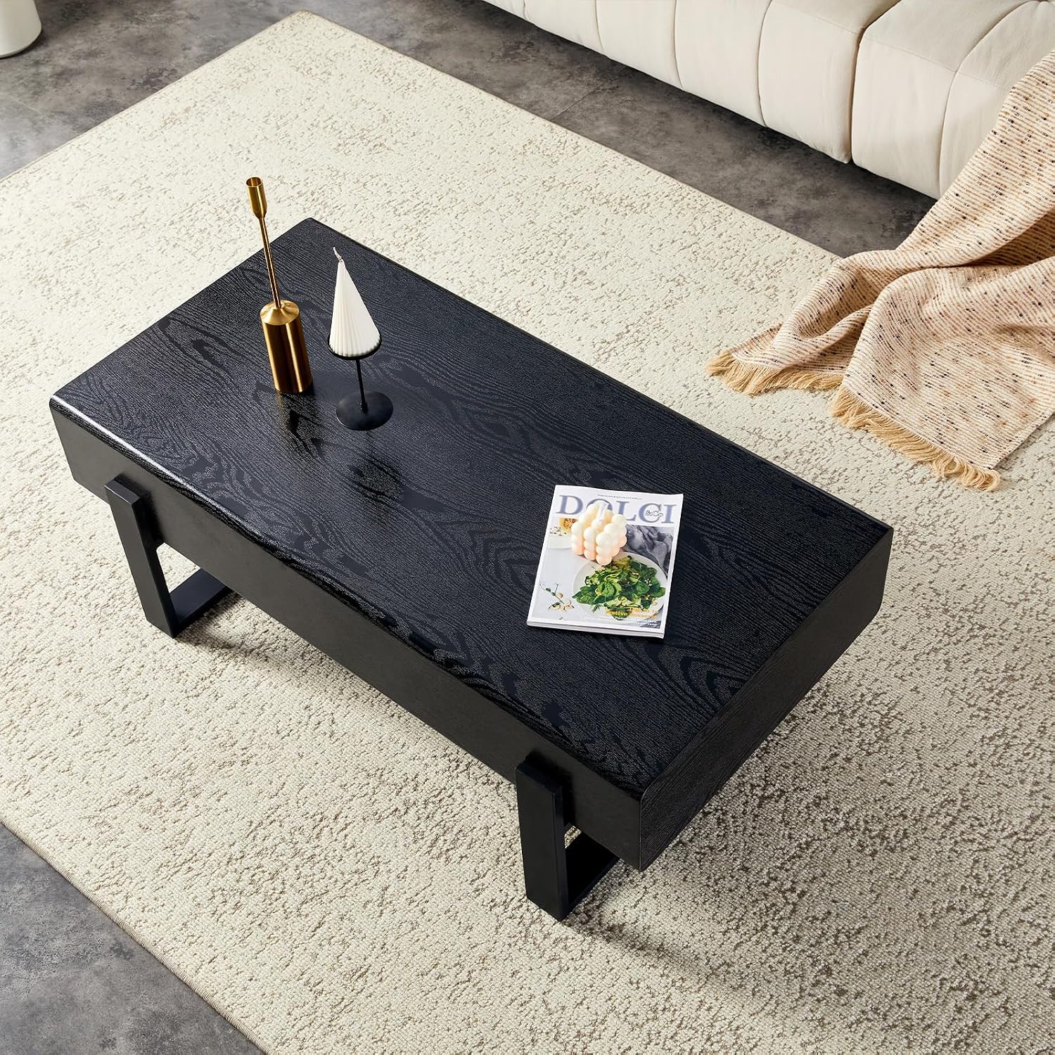 47.24' Rectangle Coffee Table, Wood Coffee Table Center Table with 7.8' Thick Tabletop Metal Legs Rounded Corners for Living Room Office, Black