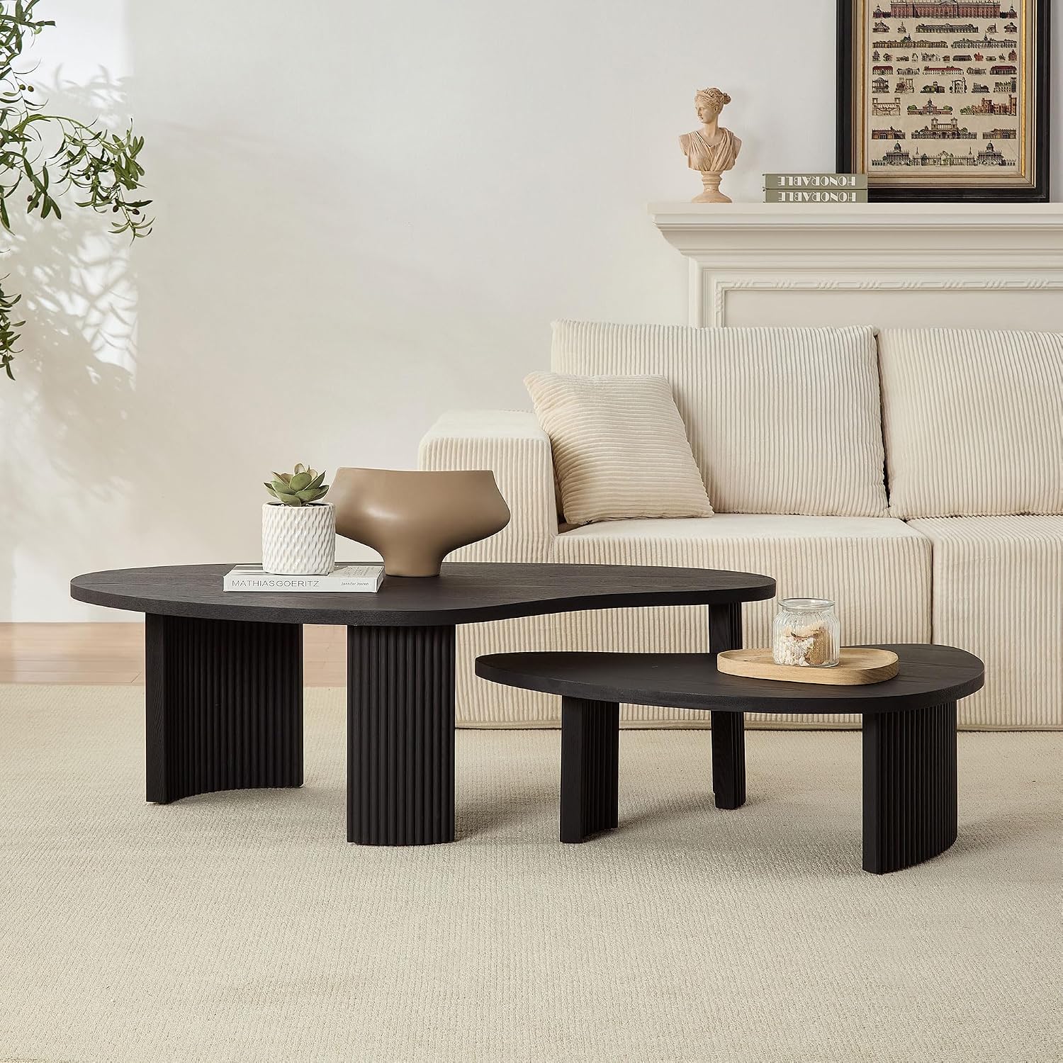 Nesting Coffee Table Set of 2, Modern Irregular Nesting Tables Wooden Center Circle Accent Tea End Side with Fluted Legs for Living Room, Apartment, Office 49.41' W Black