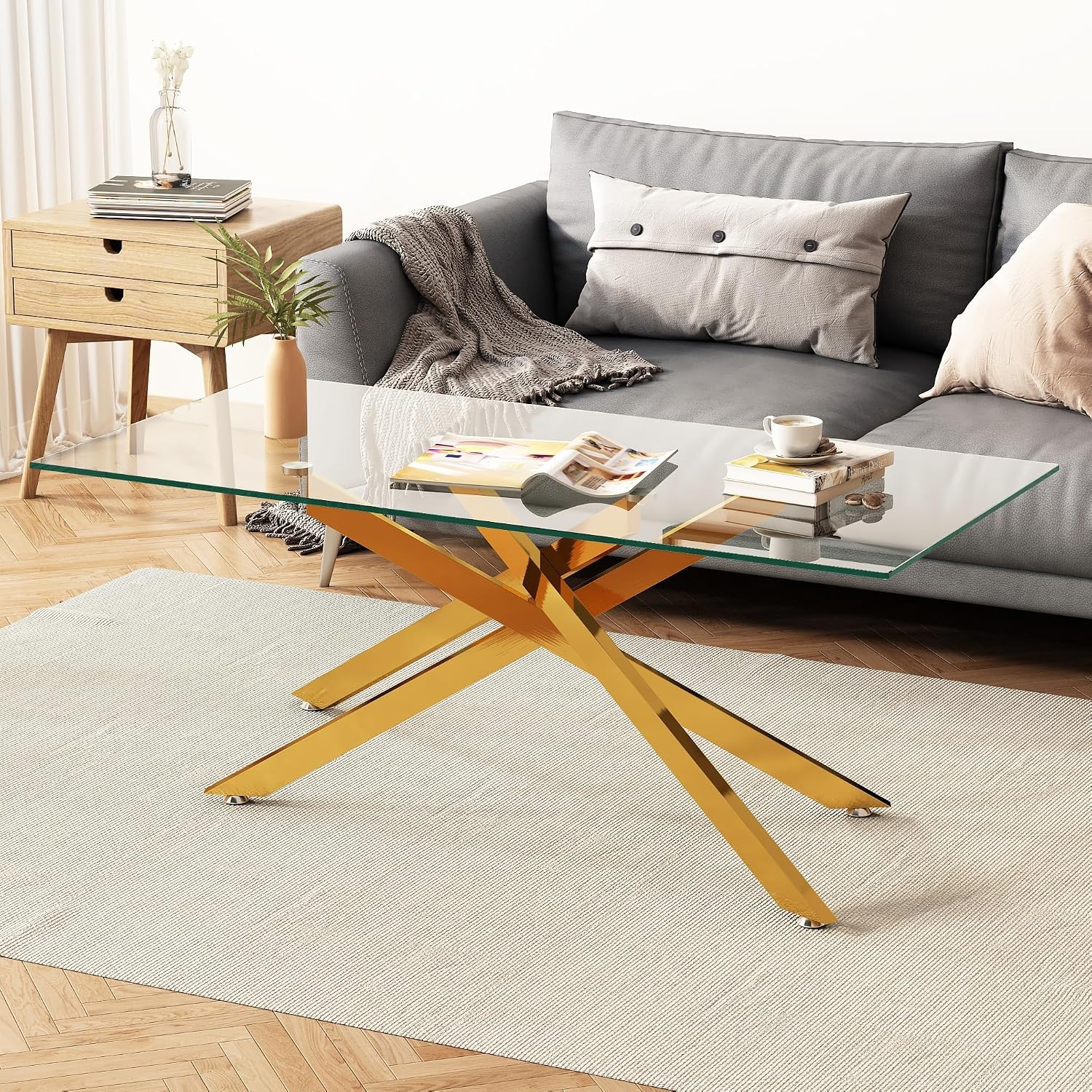 Glass Coffee Table Set of 3 Piece, Living Room Tables Set of 3 Pcs, Including 1 Coffee Table and 2 End Side Tables, Metal Frame, Tempered Glass, for Small Space, Apartment (Golden, W39.37' + W17.72')