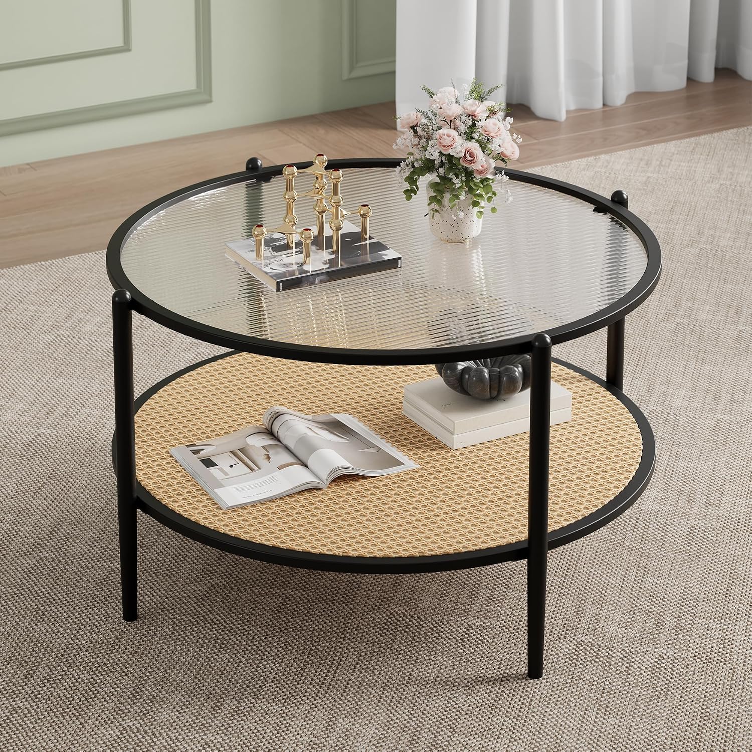 30' Round Rattan Coffee Table, 2-Tier Black Gold Glass Storage Center Table for Living Room, Modern Circle Small Round Coffee Table with Tempered Water-Wave Glass Top & Metal Frame for Bedroom, Office