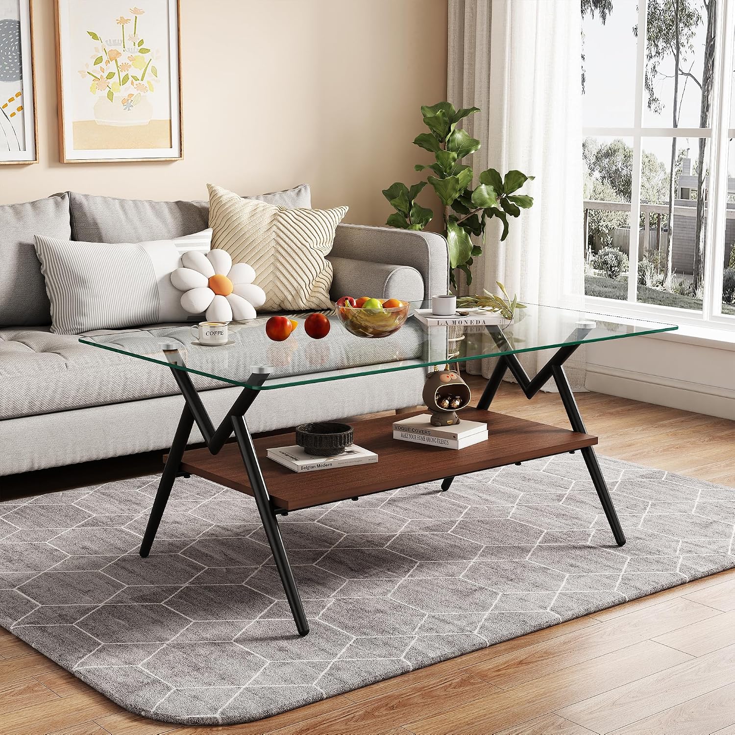 Glass Coffee Table Sets of 3 Modern Brown Living Room Table Set End Tables with Black Metal Legs & Wood Walnut Bottom Shelf, Center Cocktail Furniture, Clear + Brown